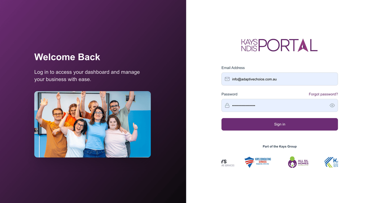 Kays NDIS Portal Dashboard